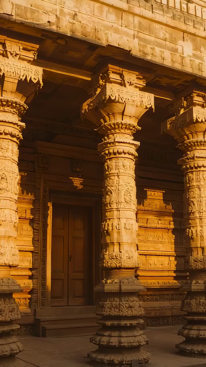 Vertical video: Panning camera across carved pillars and relief panels at temple doorway from start