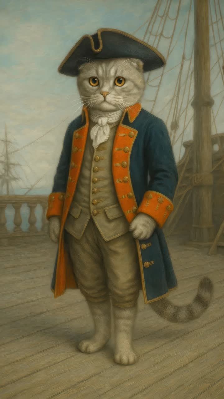 A whimsical, full-body portrait of a cat dressed as a naval officer on a ship