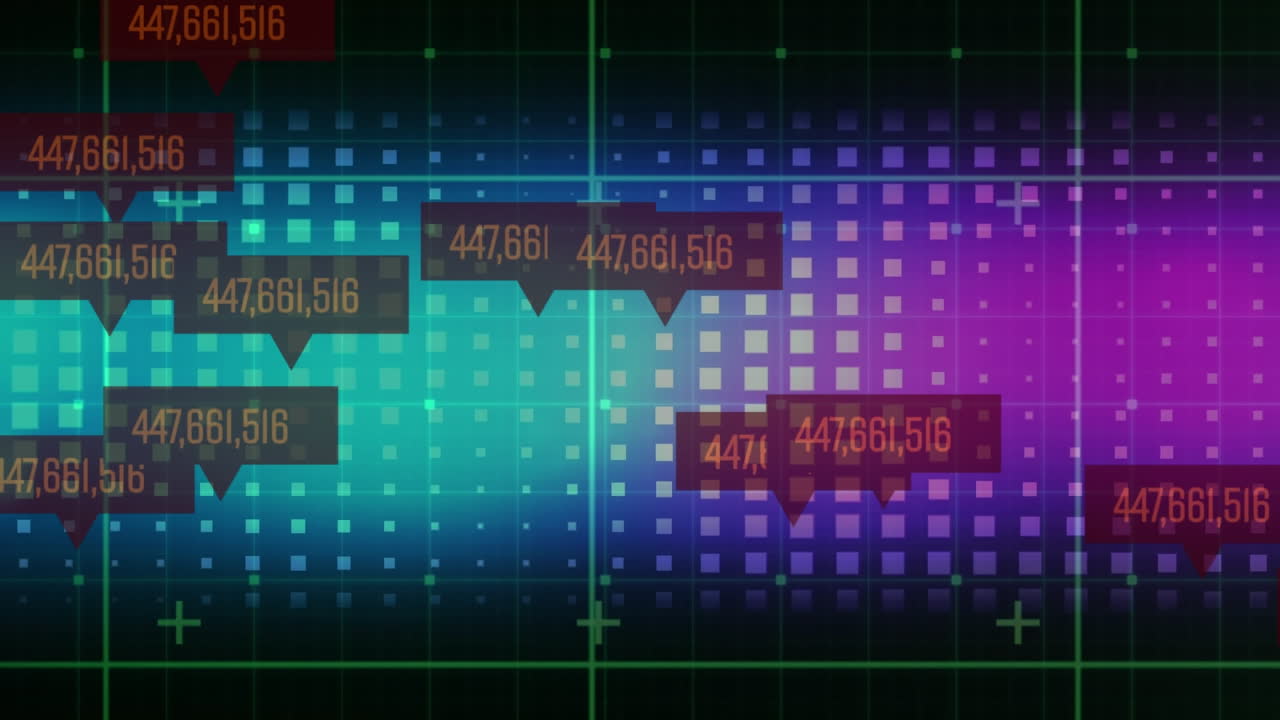 Animation of grid pattern over changing numbers in speech bubbles against squares in background