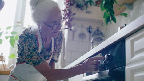 elderly woman setting oven temperature while baking meal in kitchen
