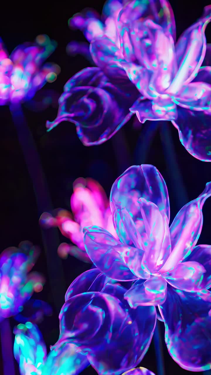 Vibrant neon flowers in close-up, glowing with blue and pink hues