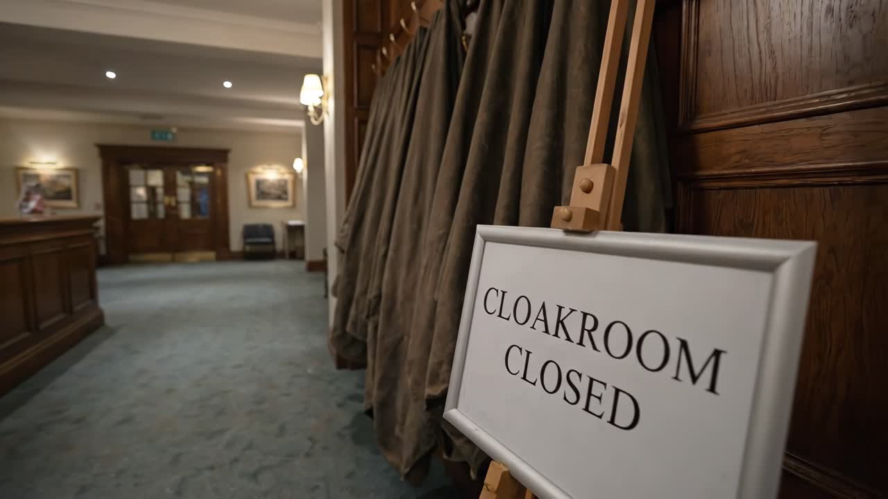 Hall d'hotel tradizionale con cartello 'Guardaroba chiuso'
