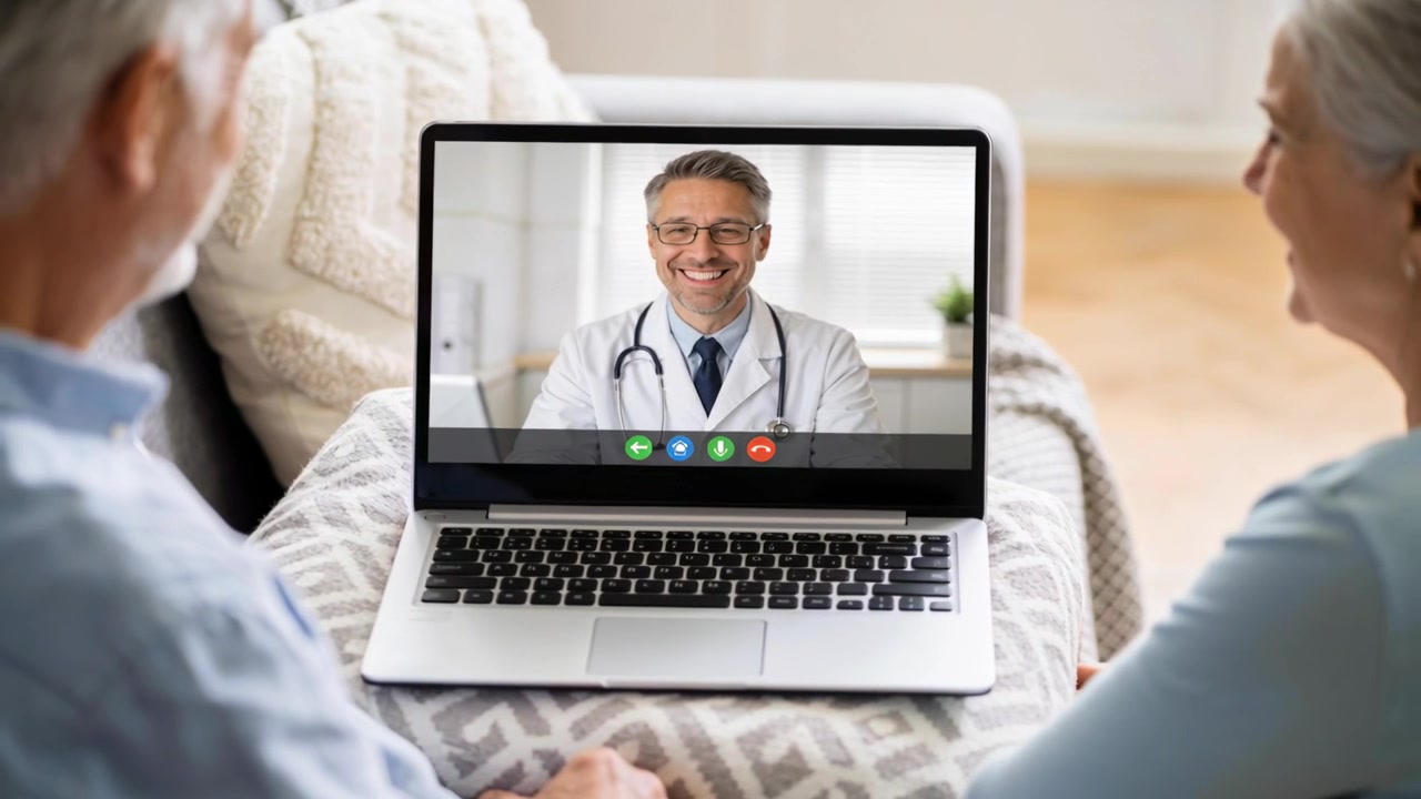 Atendendo uma chamada recebida, casal de idosos usando laptop no sofá, médico de jaleco branco aconselhando