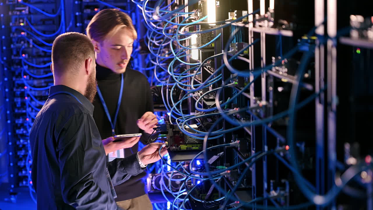 Two men analysing servers in a data centre