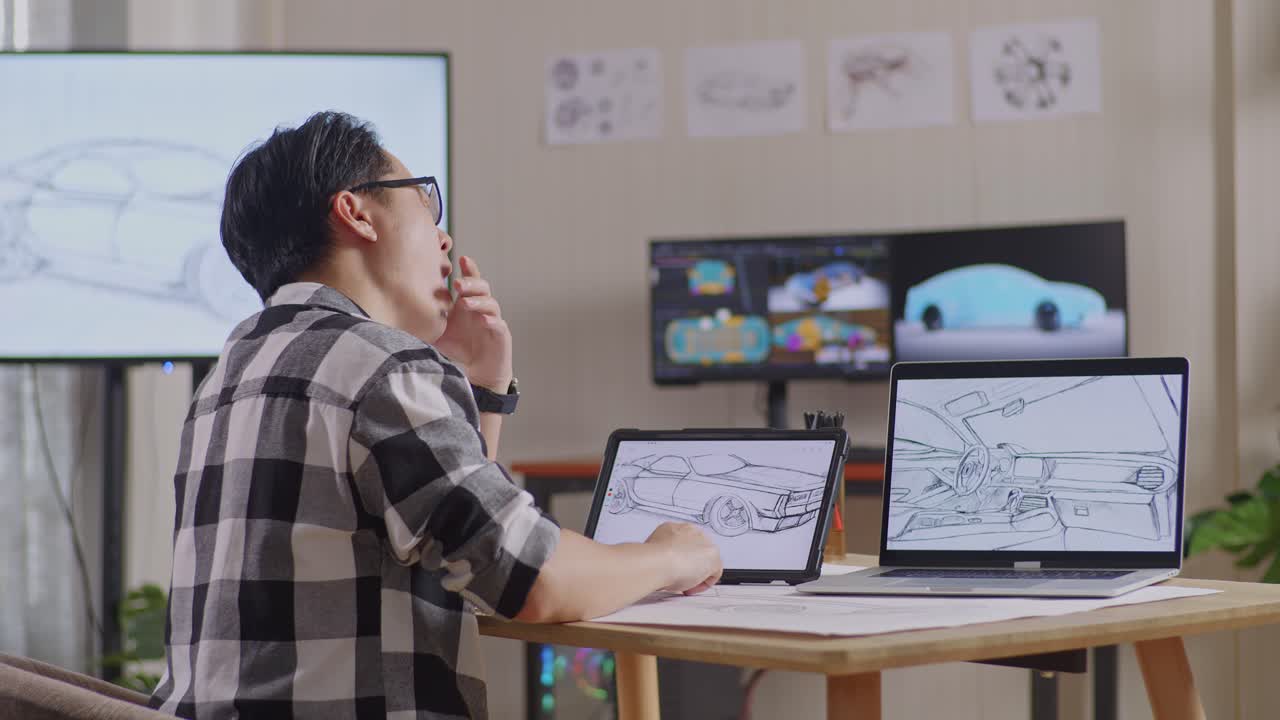 tv와 컴퓨터 디스플레이 3d 전기 자동차 모델을 가진 스튜디오에서 태블릿에 새로운 자동차 디자인 개념을 그리는 동안 고 잠자는 아시아 남성의 측면 뷰