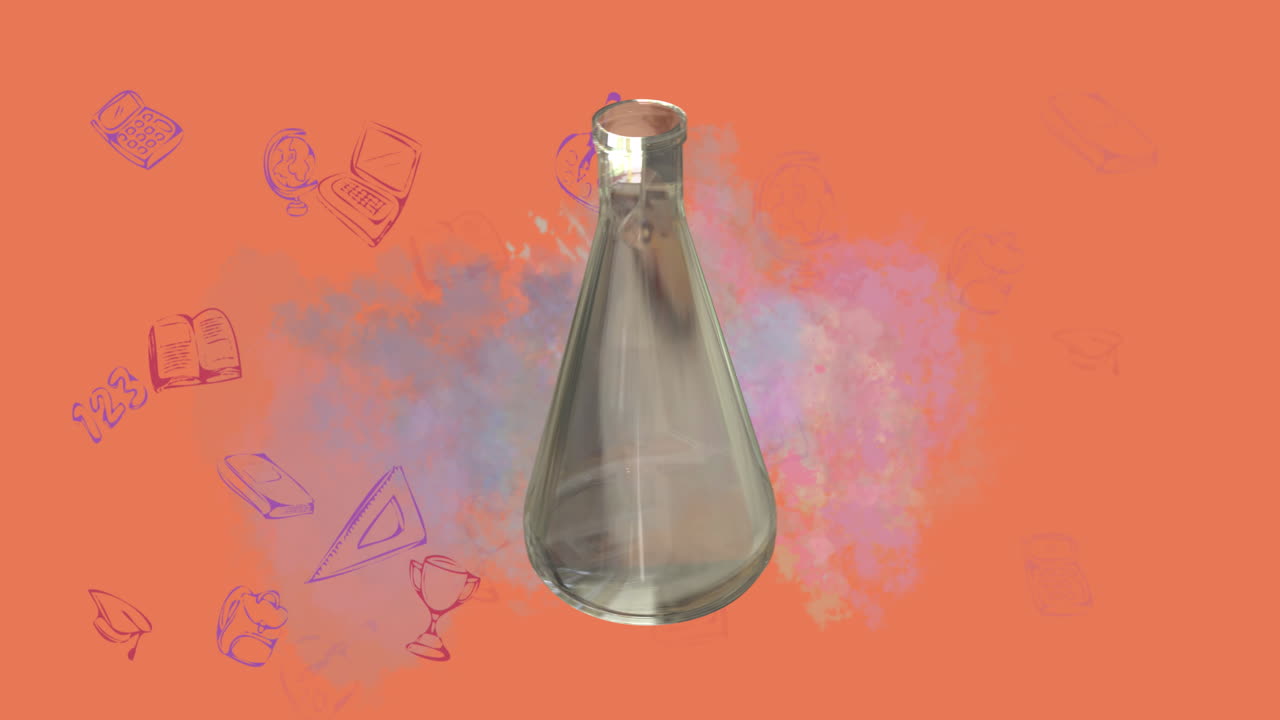 Animazione di becher da laboratorio su elaborazione matematica dei dati.
