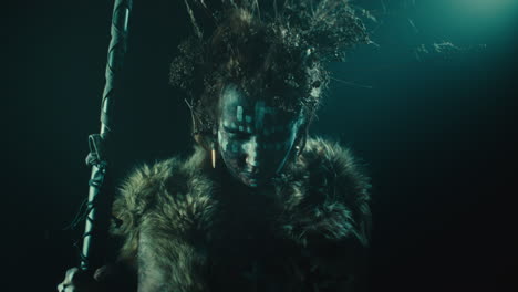 a creepy witch rises her head during the night storm