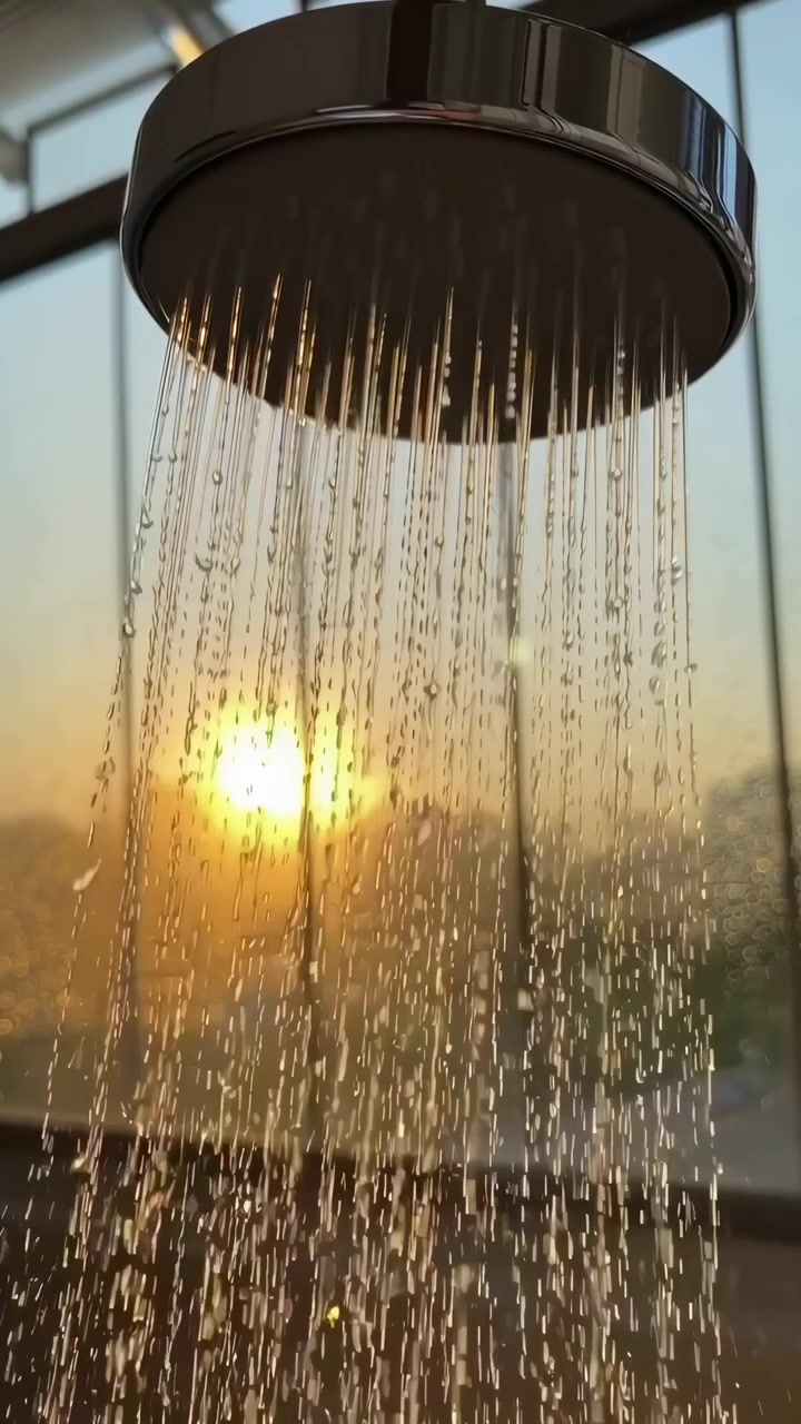 Água Fluindo do Chuveiro com Pôr do Sol Dourado ao Fundo