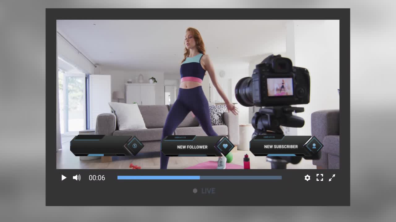 animación de la pantalla de las redes sociales sobre una mujer caucásica haciendo un video blog