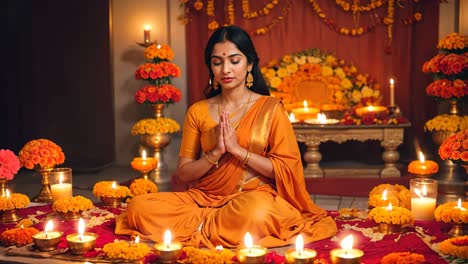 indian woman in prayerful pose during a religious ceremony