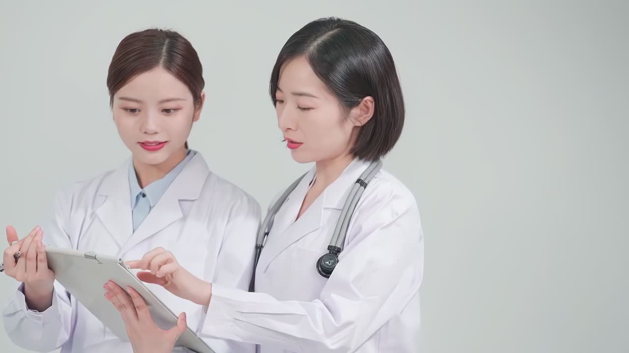 Two professional doctors watching online content on tablet, discussing medical test results and about effect of medicines on human body