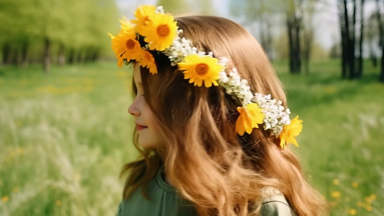Smiling little girl wearing a crown of vibrant yellow flowers, enjoying a sunny spring day while playing in a lush meadow filled with greenery and blooming wildflowers