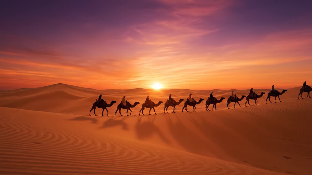 Camel caravan in the desert at sunset