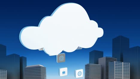 animación de una nube azul con iconos digitales en línea flotando sobre el paisaje urbano