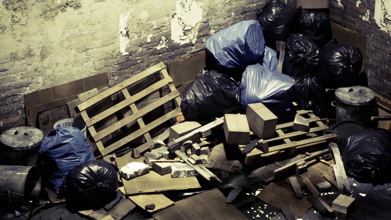 Exploração urbana revela o caos em um beco repleto de lixo.