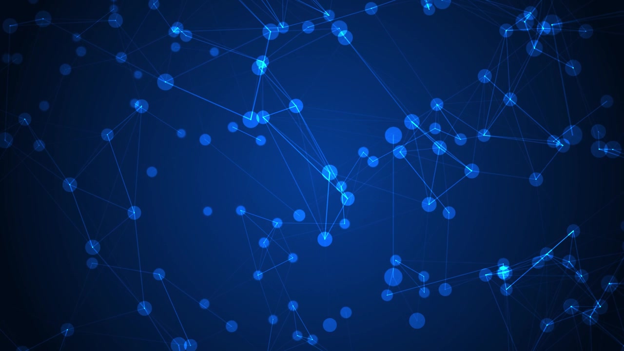Dynamic seamless loop animation featuring glowing data points and floating particles in digital space. Perfect for tech, science, or business presentations. Wide screen.