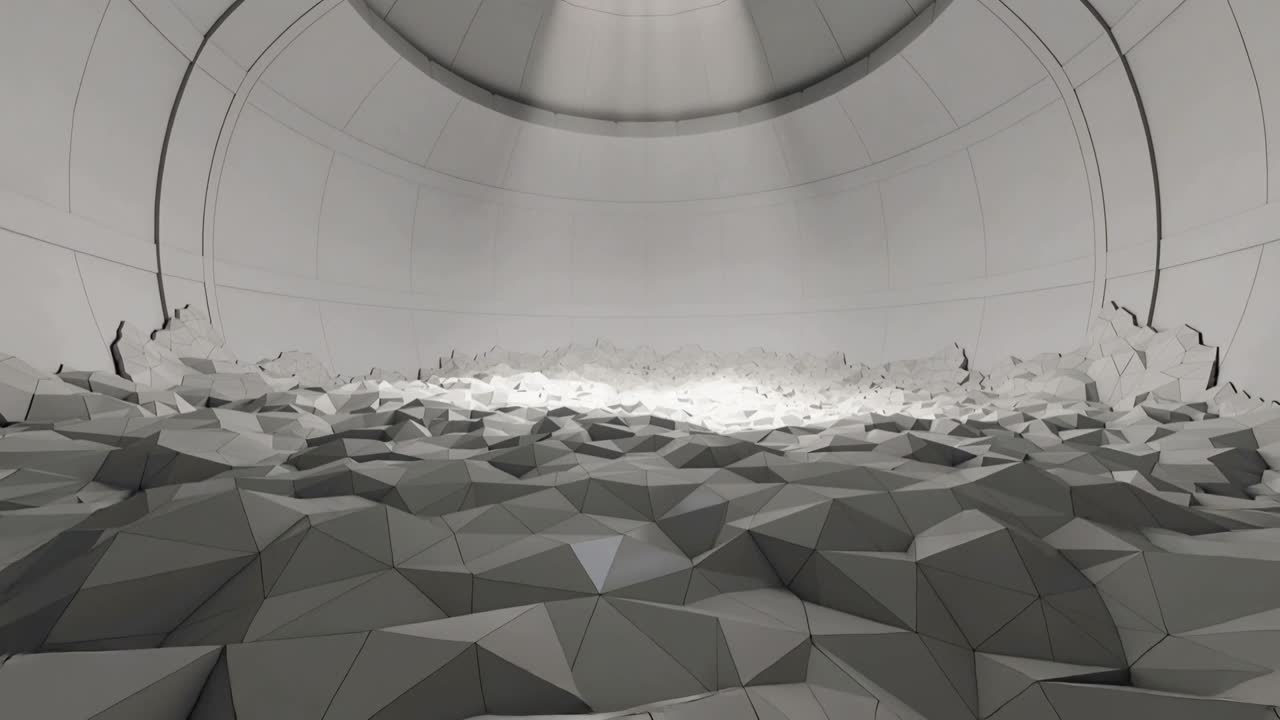 Inizio di una carrellata della telecamera che rivela un terreno low-poly in una camera a cupola per i dettagli, con luce a oculo.