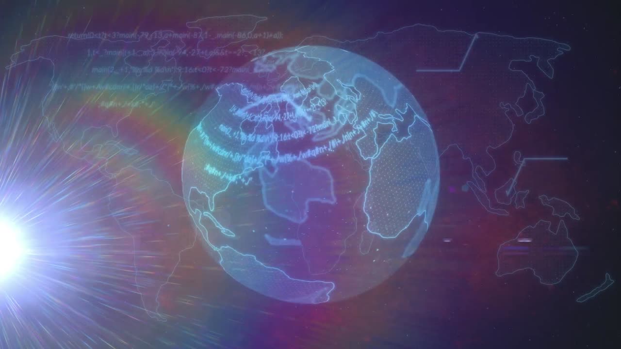 검은 바탕에 세계지도와 함께 지구와 빛의 흔적의 애니메이션