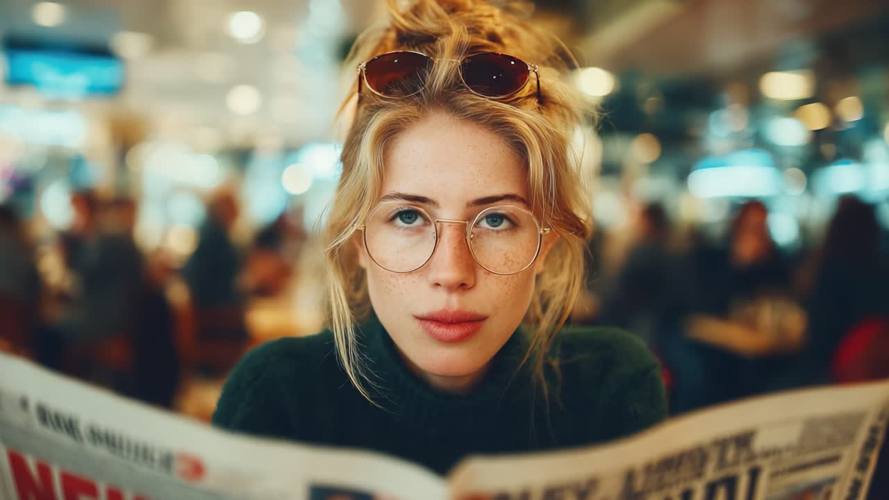 Candid Portrait of a Young Woman with Glasses Reading a Newspaper in a Cozy Café Environment, Capturing Focus and Curiosity in a Busy Setting