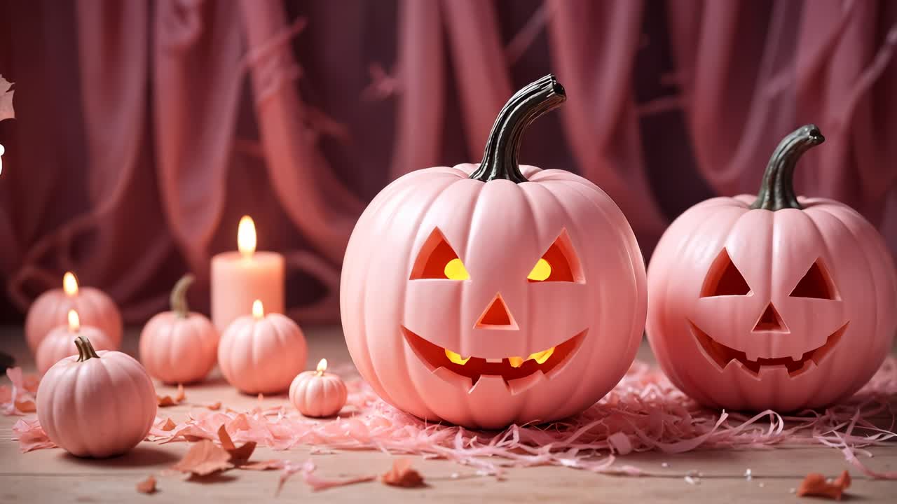 불이 있는 분홍색 할로윈 호박