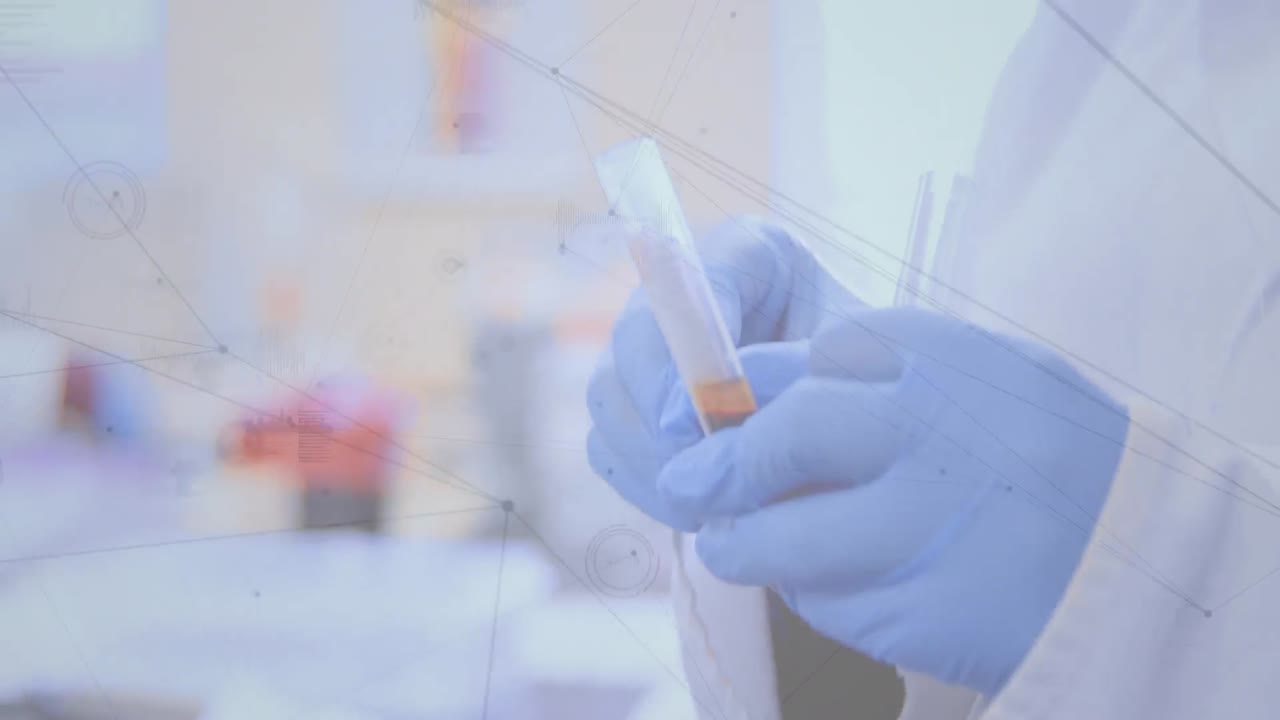 Animation of network of connections over hands of lab worker with samples