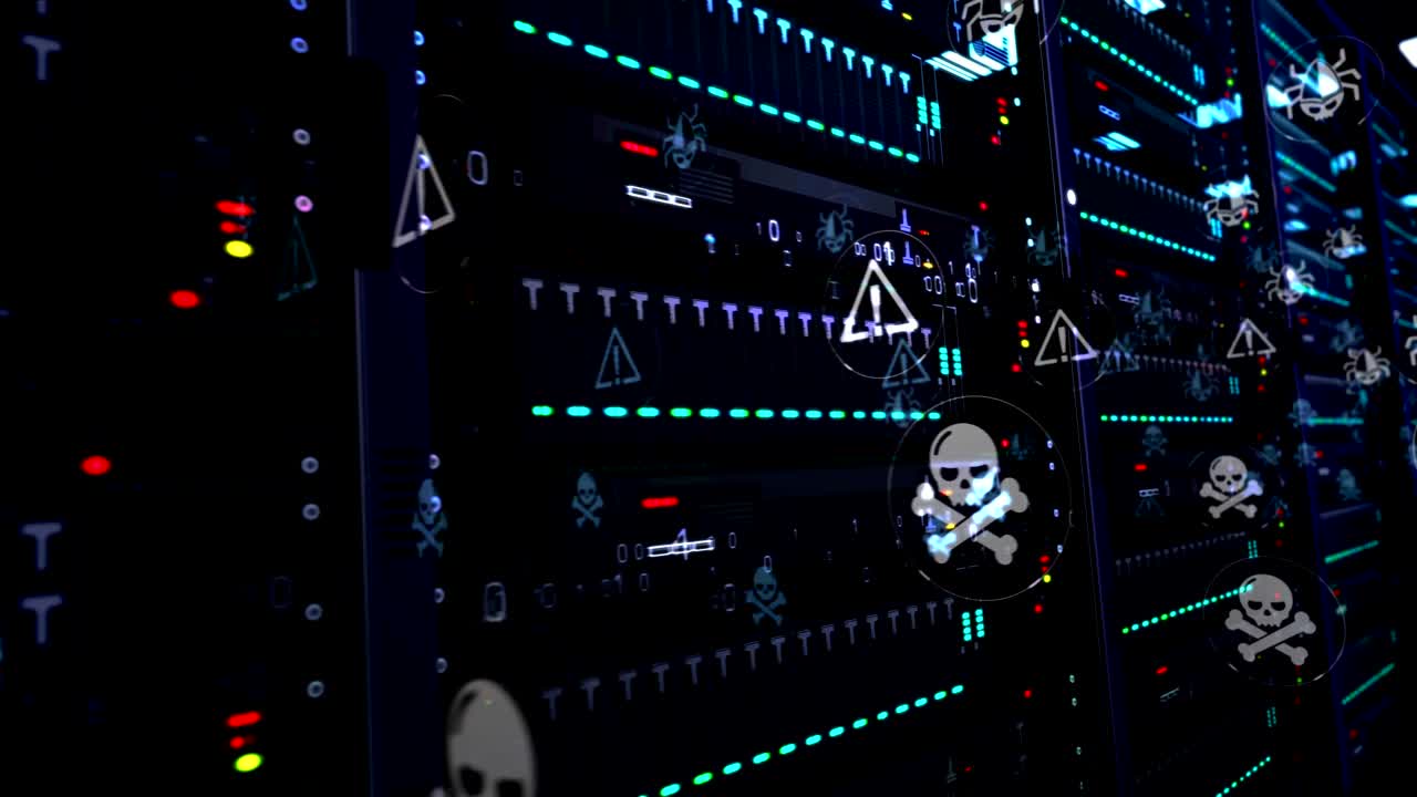 sala de servidores con animación de bucle de símbolos de cibercrimen