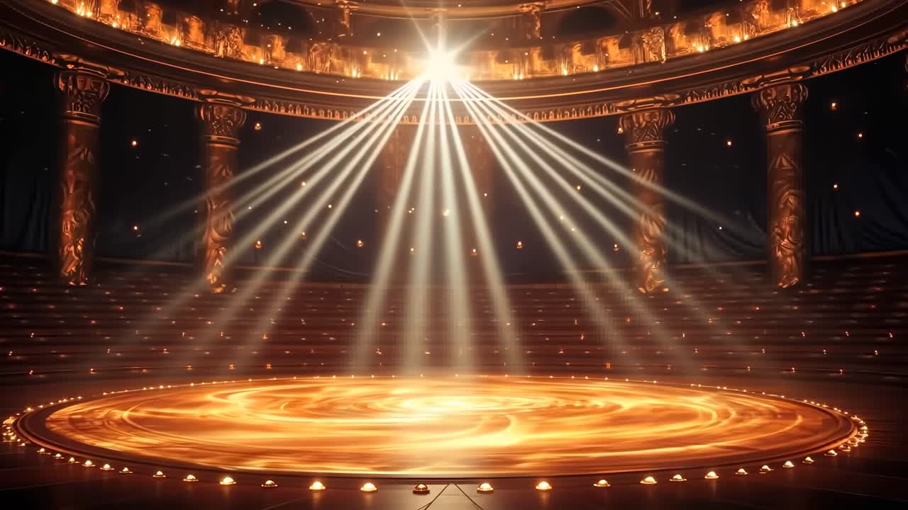 A grand, circular stage with golden lighting and ornate columns, captured from a high angle