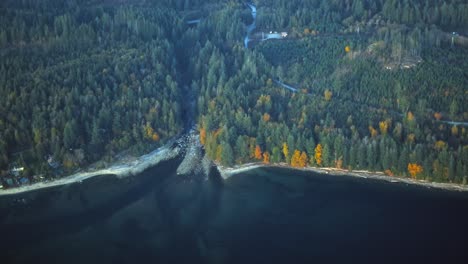 aerial view of river mouth at forested coastline - sunny day