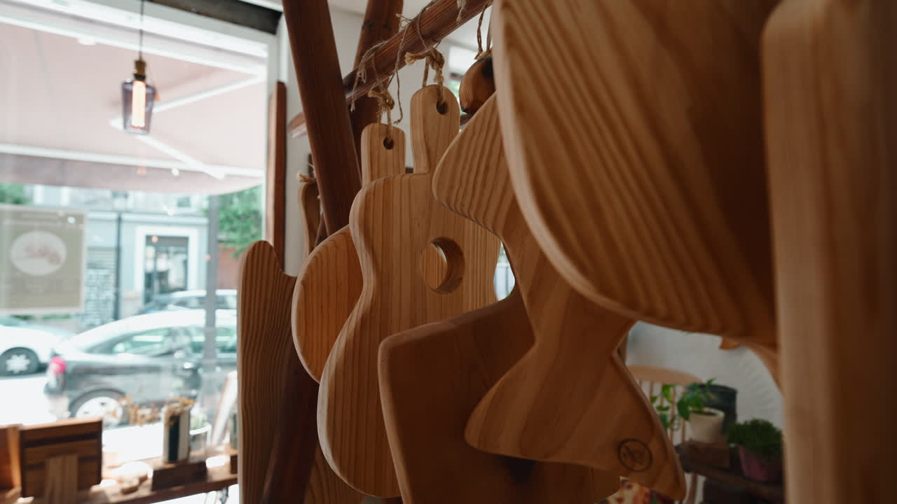 Handmade Wooden Boards Displayed in a Craft Store Window