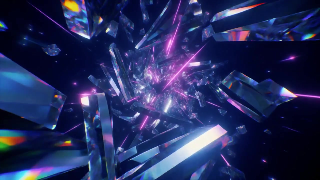 Tunnel astratto di cristalli fluttuanti e raggi di luce rosa neon