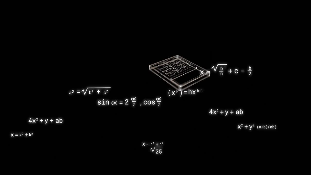 Animation of school icons over mathematical equations on black background