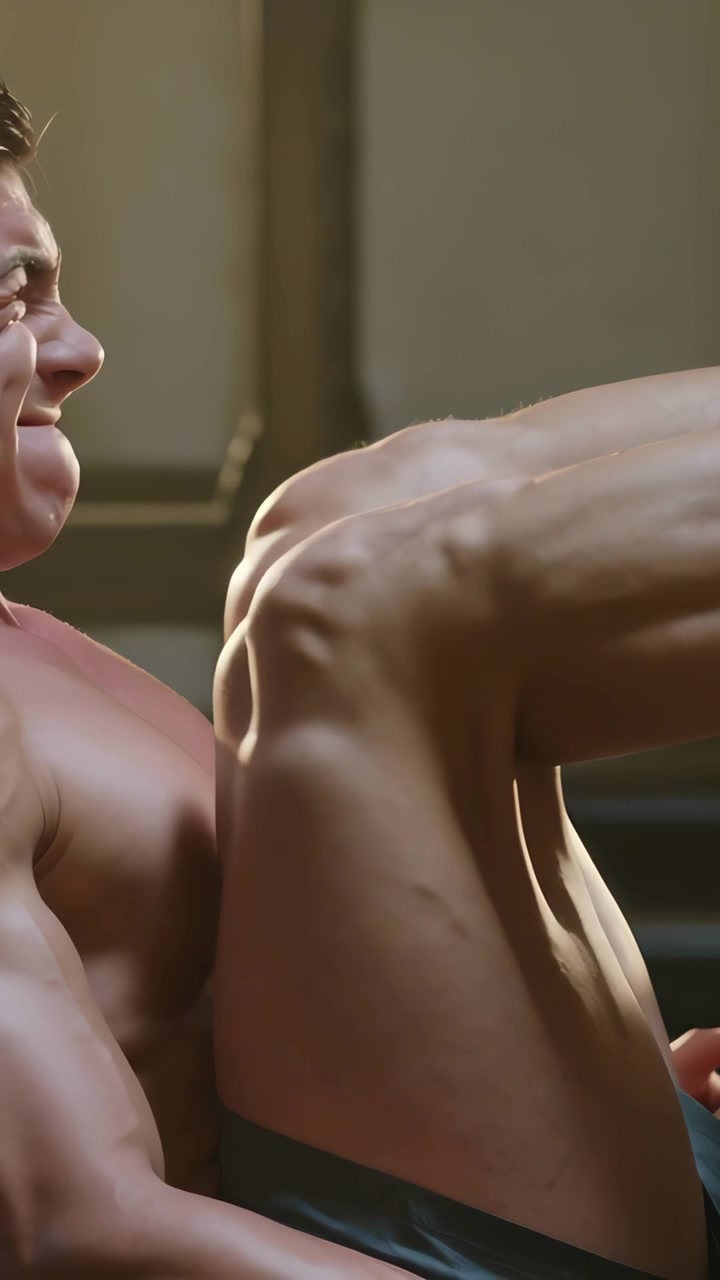 Video verticale: Uomo a torso nudo che si prepara, contraendo gli addominali su una panca vicino a un rack per squat per sviluppare il core.