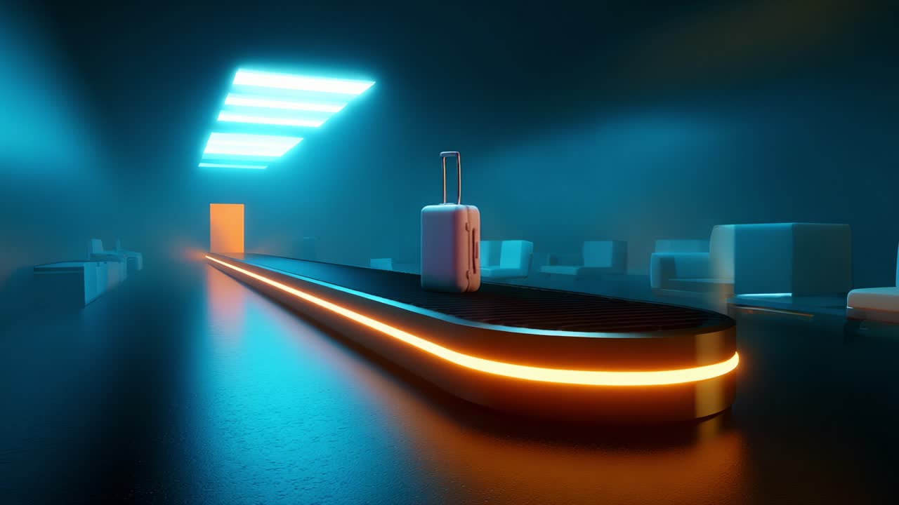 A captivating scene of a surreal, futuristic airport baggage claim area featuring a solitary suitcase on a moving conveyor belt surrounded by modern, minimalist seating and a glowing doorway illuminating the background