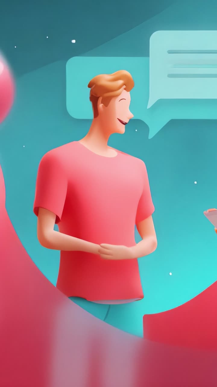 Animert karakter i samtale med snakkebobler i en fargerik digital bakgrunn, som illustrerer temaer for kommunikasjon og samhandling