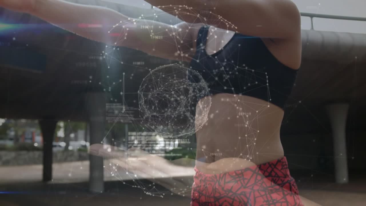 Mulher fitness agachando, estendendo as mãos sob o viaduto, gerando orbe de holograma para interação de dados.