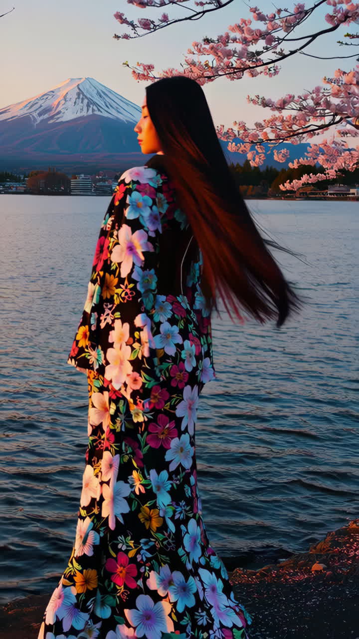 Woman in Floral Kimono by Lake with Mount Fuji and Cherry Blossoms