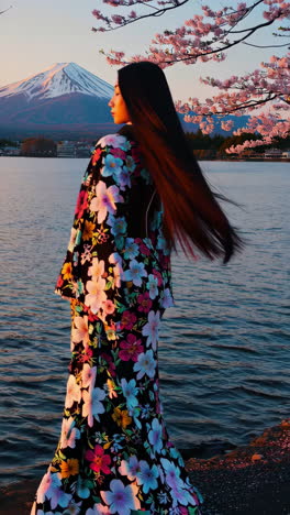 woman in floral kimono by lake with mount fuji and cherry blossoms