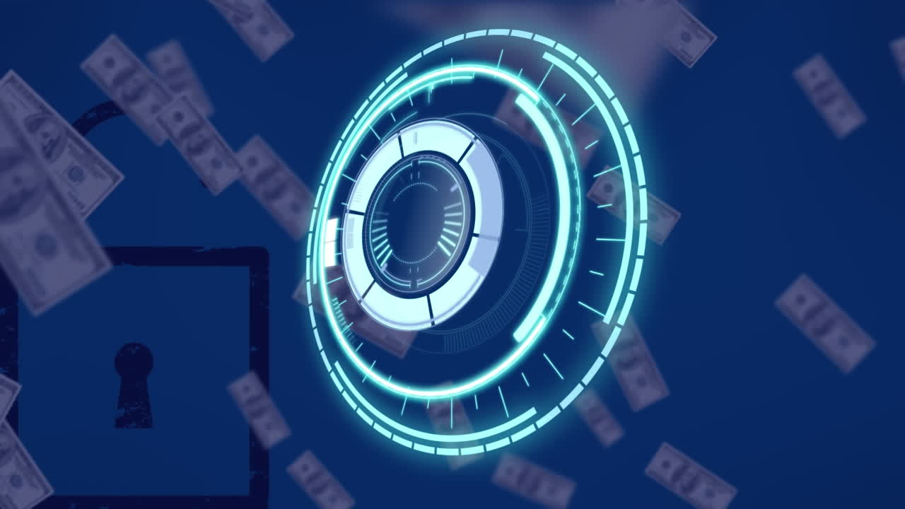 파란색 배경에 있는 미국 달러 지폐와 잠금 위의 스 스캐닝의 애니메이션