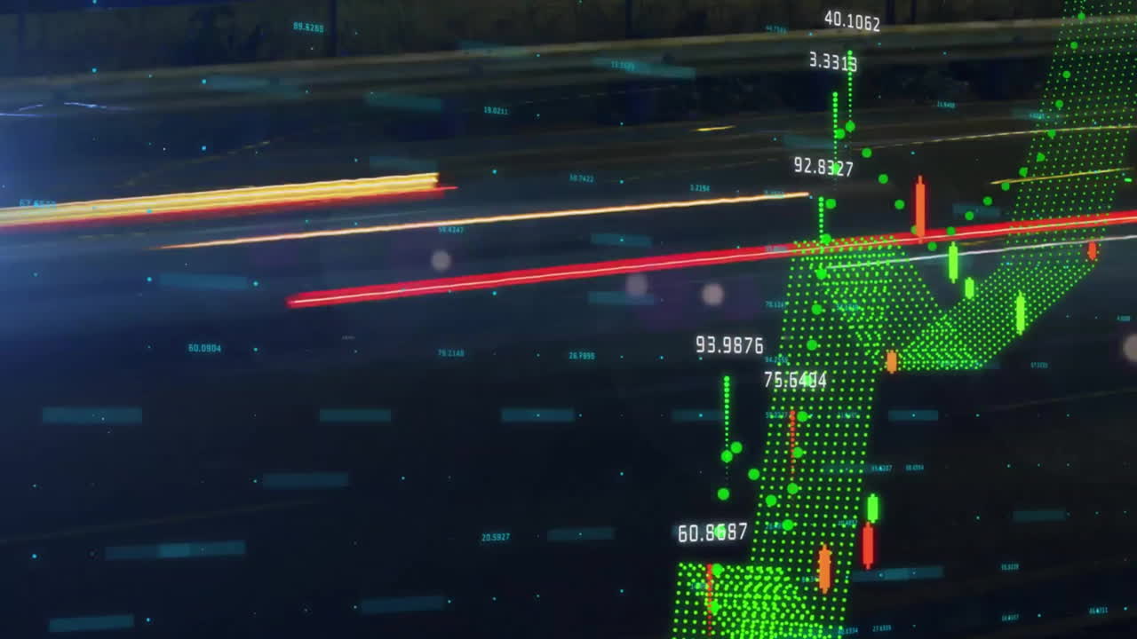 Animation of financial data processing over flickering lines