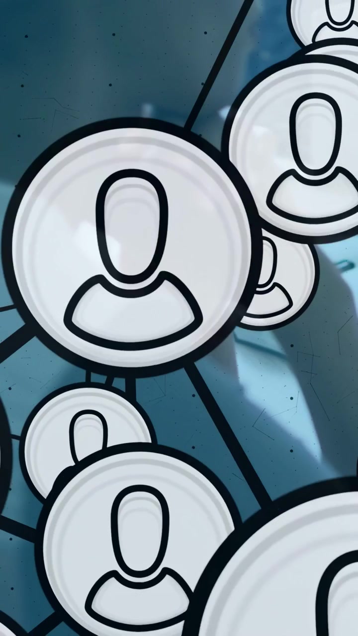 Lodret video: Ved start linker og klynger avatarer sig over kvinde ved skrivebord, danner tech-netværk.