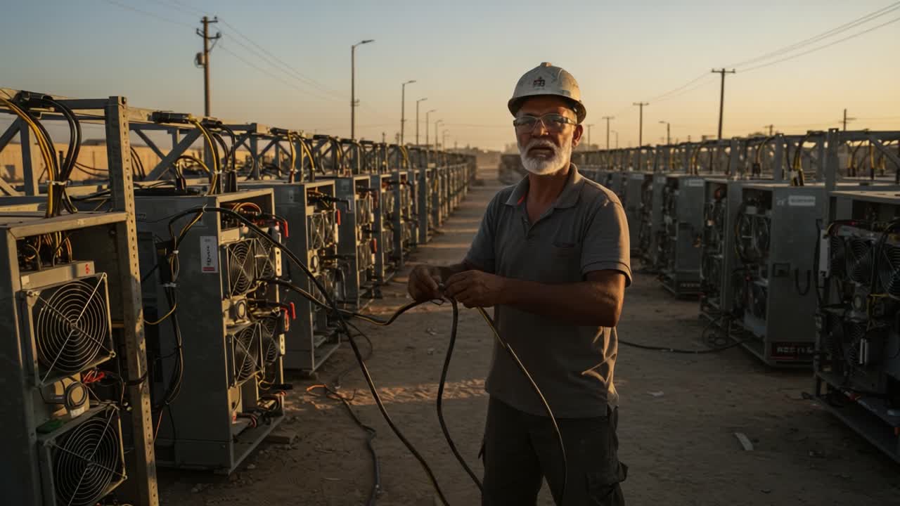 An Experienced Technician Working Among Cryptocurrency Mining Equipment at Sunset, Showcasing the Complexity and Scale of Modern Mining Operations