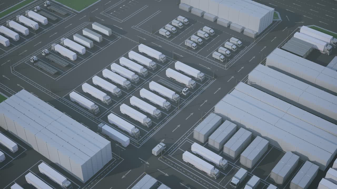 Luftfoto af et stort logistik- og distributionscenter med lastbiler