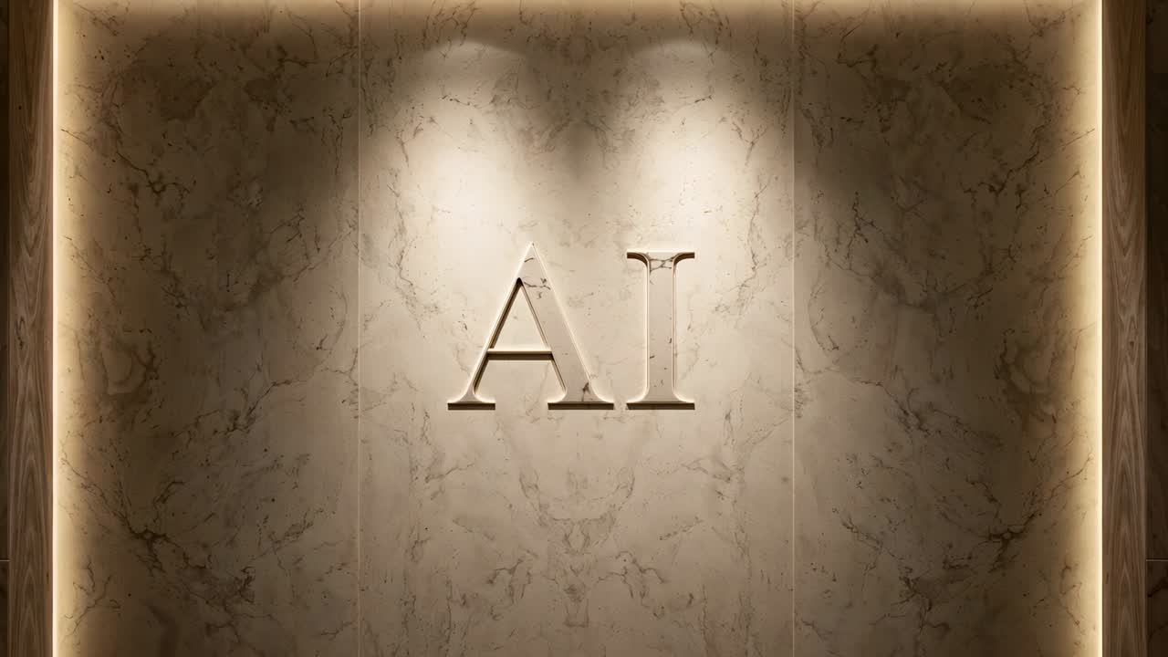 Shifting camera revealing recessed AI letters on marble lobby wall, with spots and cove lighting