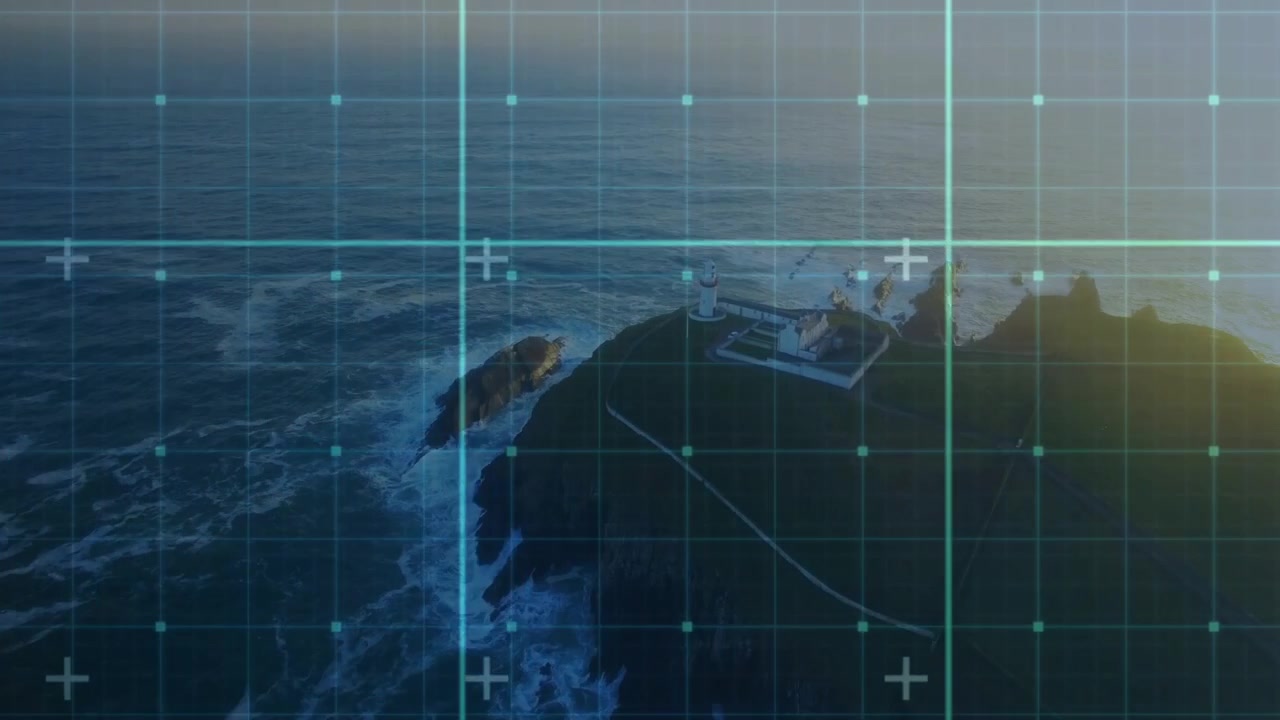 Drone camera initiating pan right, shifting lighthouse headland beneath teal grid for coast mapping