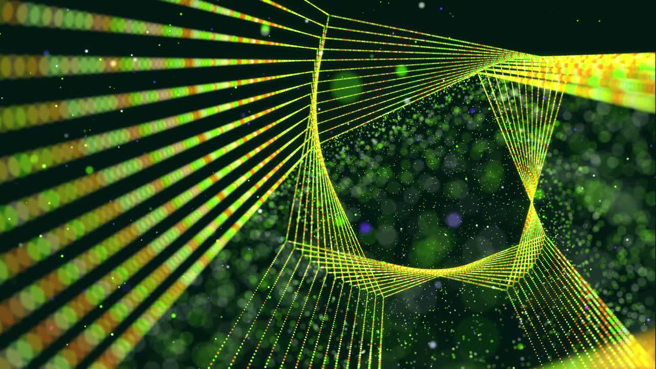 추상적인 빛나는 녹색 입자는 3d 객체를 형성합니다. vj 루프는 가상 디지털 공간의 bg입니다. 입자는 빅 데이터, 네트워크 또는 vr 공간의 개념으로 홀로램 모양을 형성합니다.