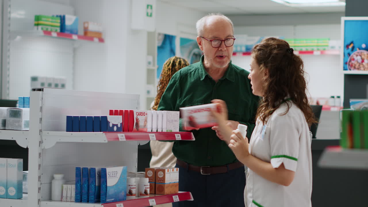 Pharmacy scene with customer and pharmacist