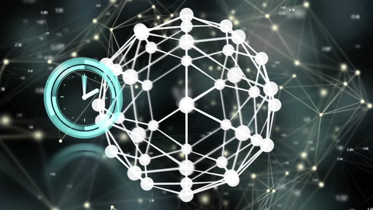 연결과 함께 검은 바탕에 움직이는 시계와 회전하는 구의 애니메이션