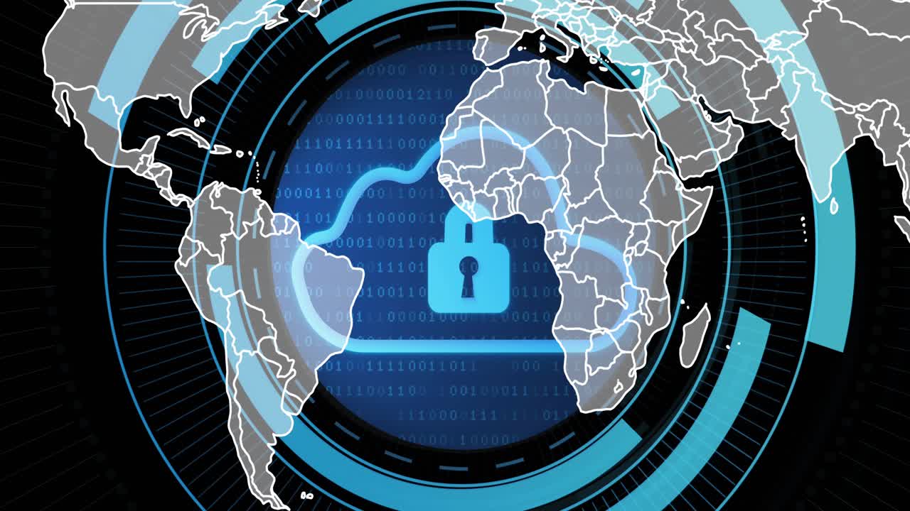 Route appearing to Africa, cloud HUD forming, binary filling, padlock locking, securing region