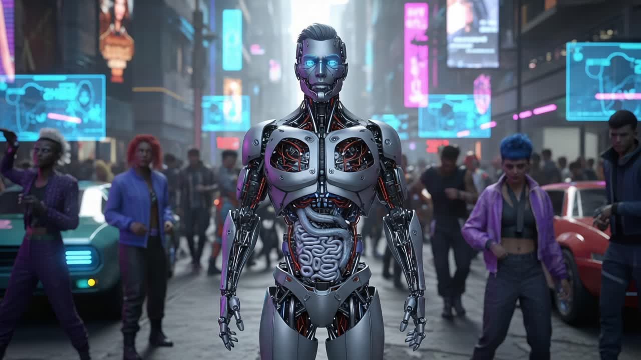 A futuristic and cinematic scene featuring a humanoid robot standing prominently amidst a bustling city street filled with vibrant neon lights and diverse crowds of people