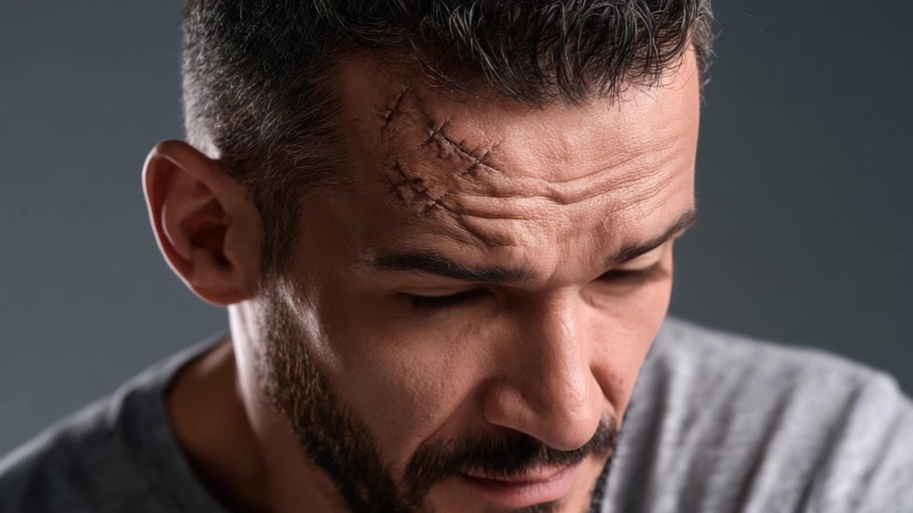 Un primo piano di un uomo con cicatrici visibili sulla fronte, che illustra una storia di resilienza e lotta, evidenziando il peso emotivo dietro le manifestazioni fisiche delle difficoltà